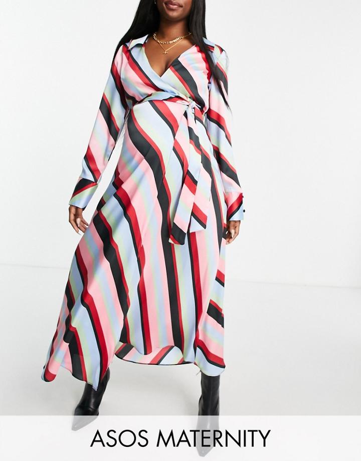 Asos Design Maternity Wrap Midi Shirt Dress In Multicolored Stripe Print