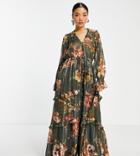 Asos Design Petite Floral Tiered Maxi Dress With Tie Front In Satin Stripe-multi