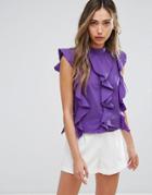 Pearl Ruffle Front High Neck Top - Purple