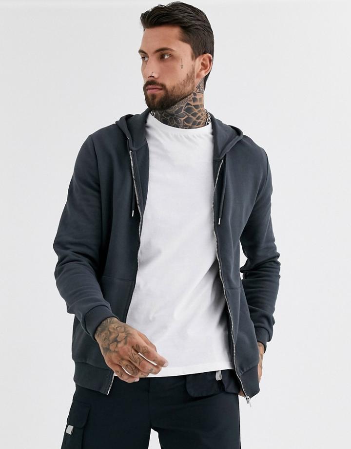 Asos Design Zip Up Hoodie In Washed Black