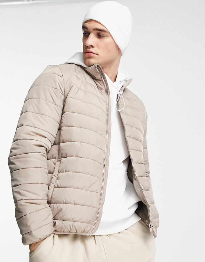 New Look Funnel Neck Puffer In Stone-neutral