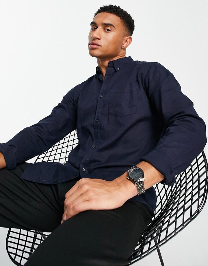 French Connection Long Sleeve Linen Shirt In Navy