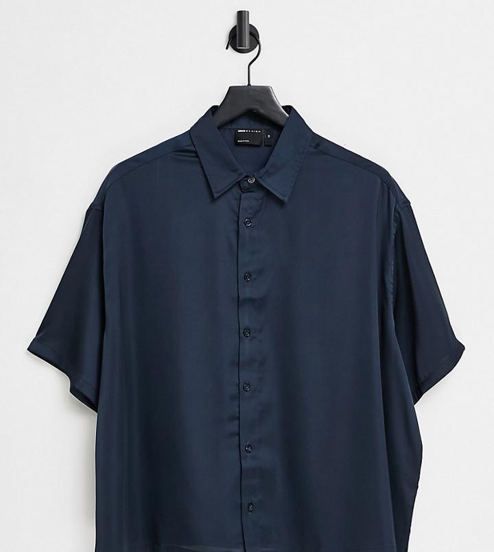 Asos Design Boxy Satin Shirt With Half Sleeve In Navy