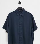Asos Design Boxy Satin Shirt With Half Sleeve In Navy