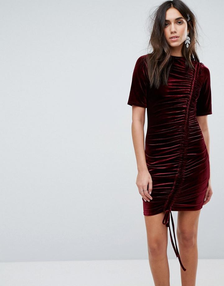 Prettylittlething Ruched Detail Velvet Dress - Purple