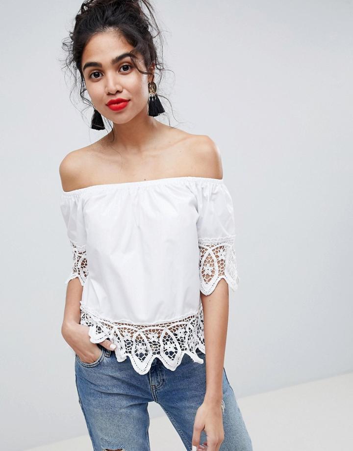 Qed London Off Shoulder Crochet Top - White