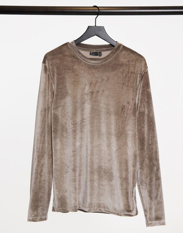 Asos Design Muscle Long Sleeve T-shirt With Stretch In Gray Velour-grey