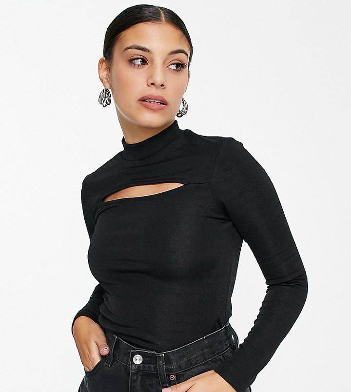 Topshop Petite Satin Cut Out Long Sleeve Top In Black