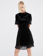Asos White Velvet Bonded Mini Dress With Chiffon Pleat Underskirt - Black