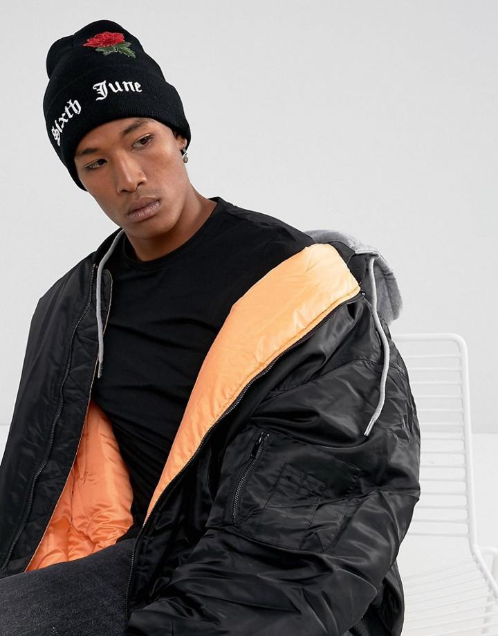 Sixth June Beanie In Black With Floral Embroidery - Black