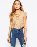 Love Lasercut Suedette Crop Top With Tie Detail - Tan