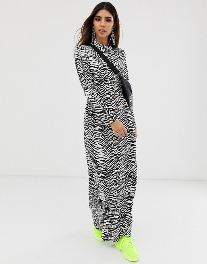 Asos Design Button Through Maxi Shirt Dress In Mono Zebra Print-multi