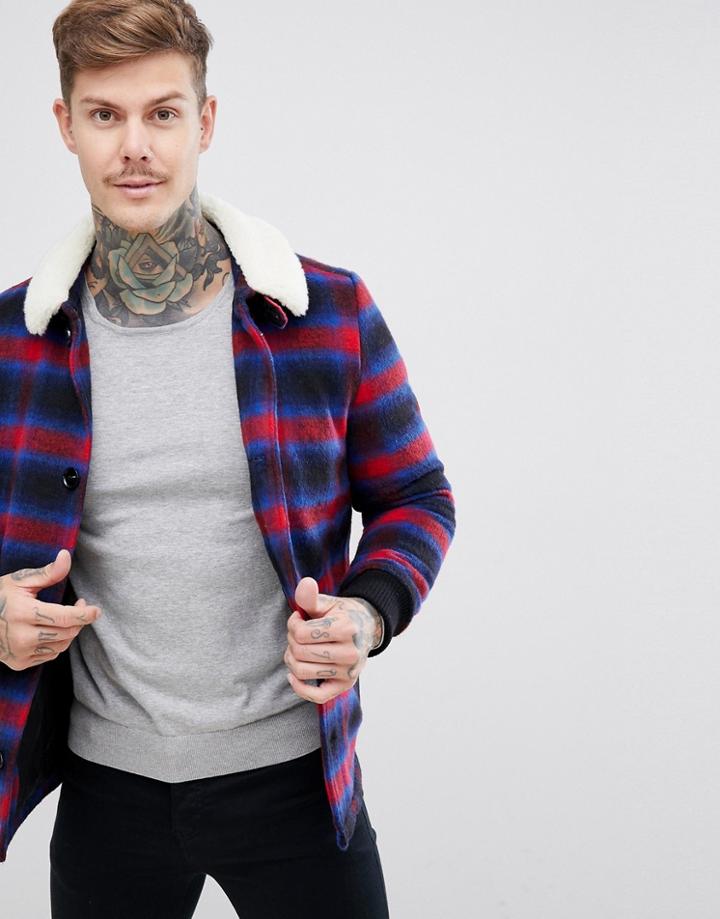 Boohooman Trucker Jacket With Fleece Collar In Burgundy Check - Red