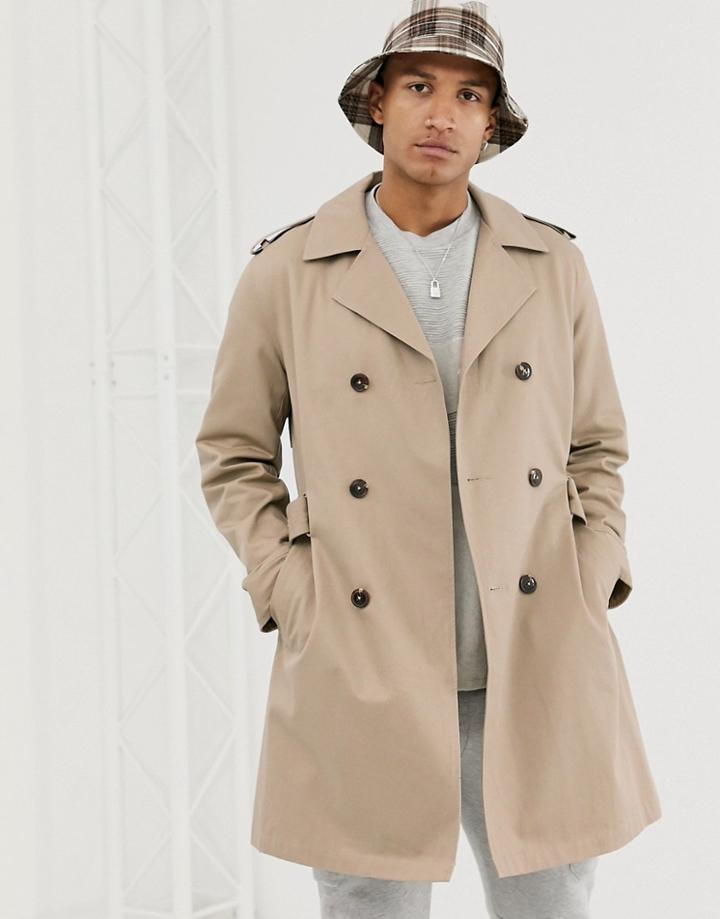 Asos Design Double Breasted Trench Coat - Stone