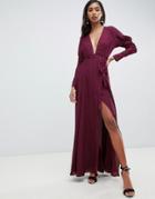 Asos Design Maxi Dress In Satin With Sleeve Detail And Square Neck-purple