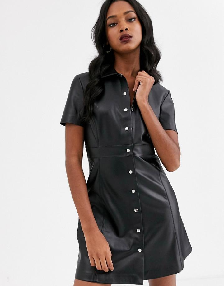 Mango Button Front Faux Leather Mini Dress In Black