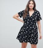 Asos Design Curve Button Through Mini Skater Dress In Mono Floral - Multi