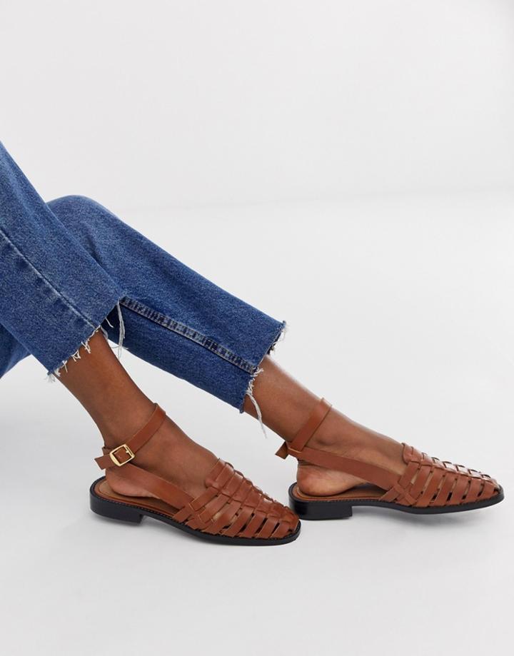 Asos Design Mady Leather Woven Flat Shoes In Tan - Tan