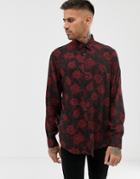 Bershka Shirt In Black With Rose Print In Relaxed Fit - Black