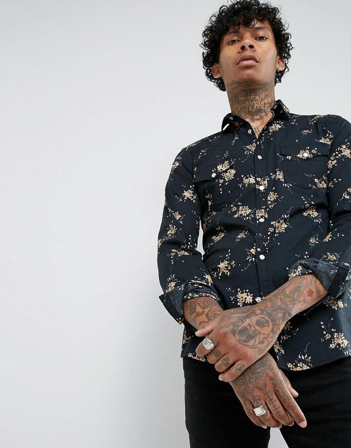Asos Slim Western Shirt With Florals - Black