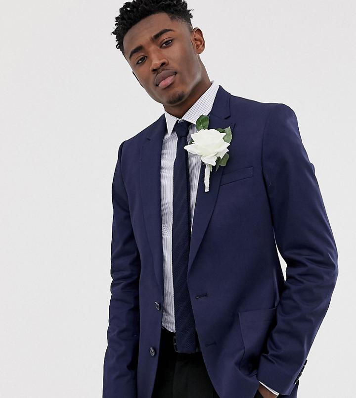 Asos Design Tall Wedding Skinny Blazer In Navy Cotton - Navy