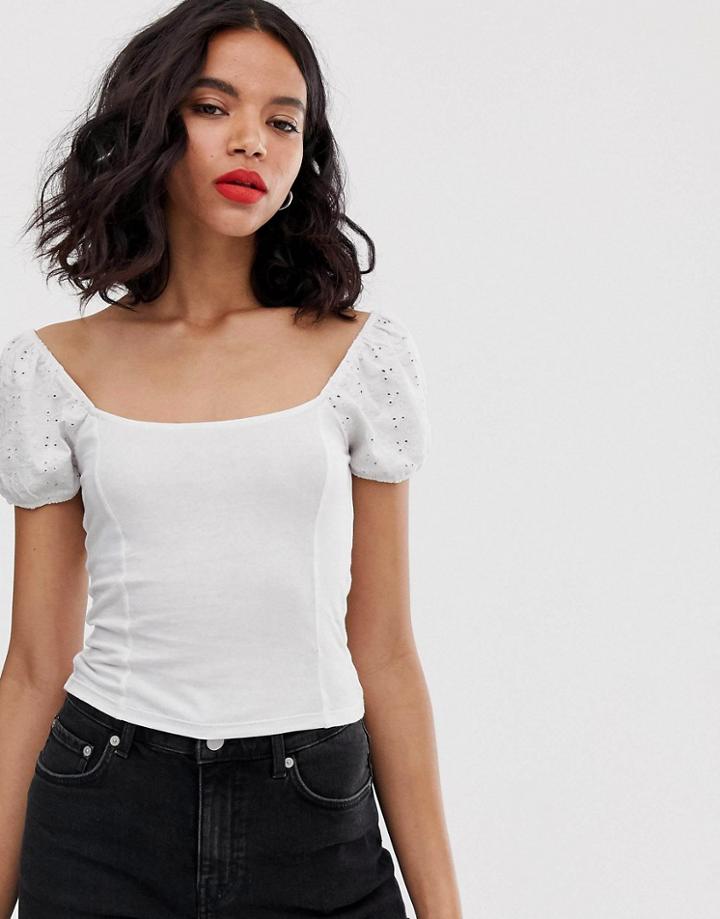 Monki Broderie Anglaise Top With Puff Sleeves In White - White