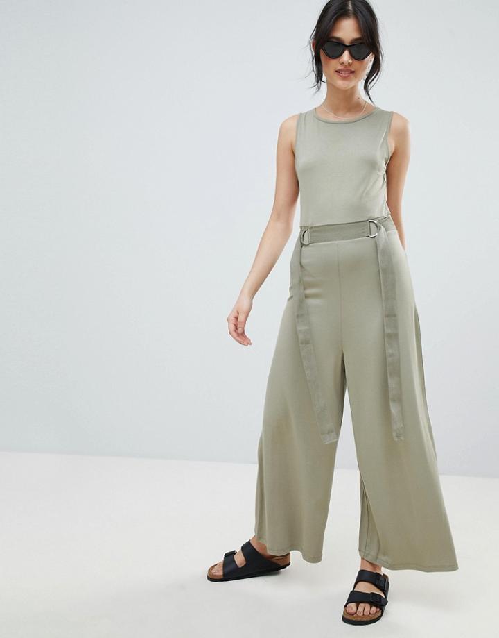 Asos Design Sleeveless Jersey Jumpsuit With Grosgrain Belt Detail - Green
