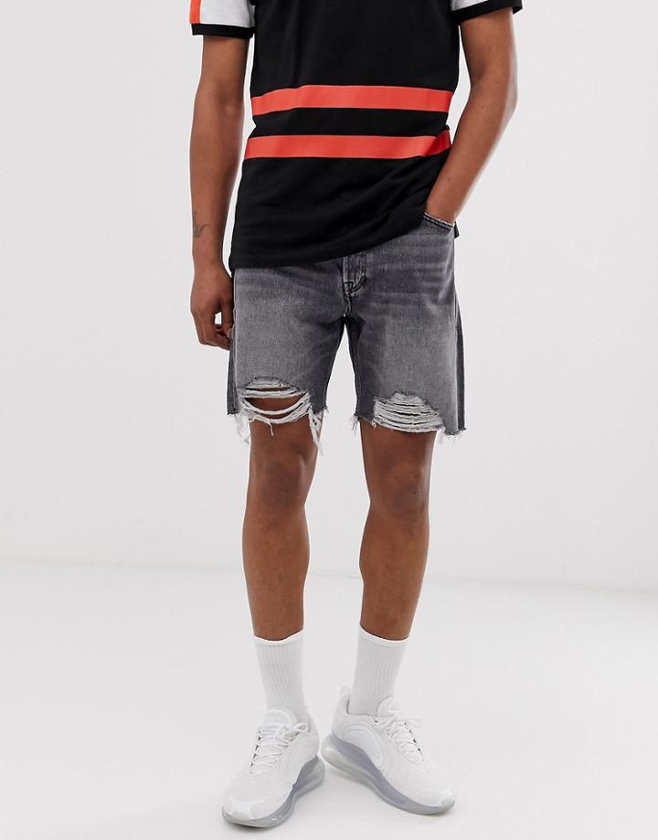 Jack & Jones Intelligence Ripped Denim Shorts In Gray - Gray