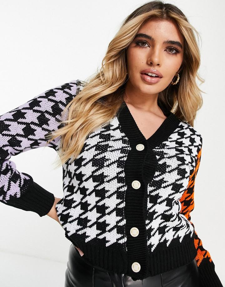 Naanaa Houndstooth Cardigan In Orange And Purple-multi
