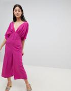 Asos Design Tea Jumpsuit With Kimono Sleeve And Button Detail - Purple