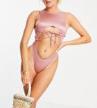 Asyou Cut Out Tie One-piece In Pale Pink-brown
