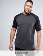 Asos Plus Longline T-shirt With Contrast Raglan Sleeves And Curved Hem In Grey/black - White