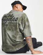 Asos Design Oversized T-shirt In Khaki Tye Dye With Los Angeles City Print-green