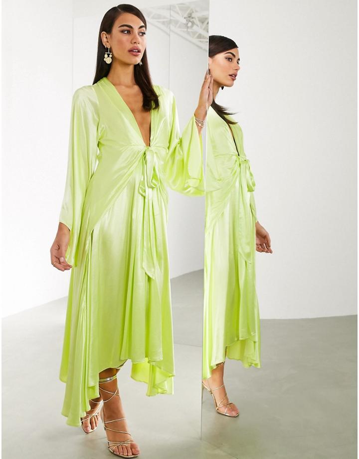 Asos Edition Extreme Kimono Sleeve Tie Front Midi Dress-yellow