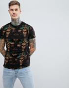 Asos Design T-shirt With All Over Geo-tribal Print And Grandad Neck - Black