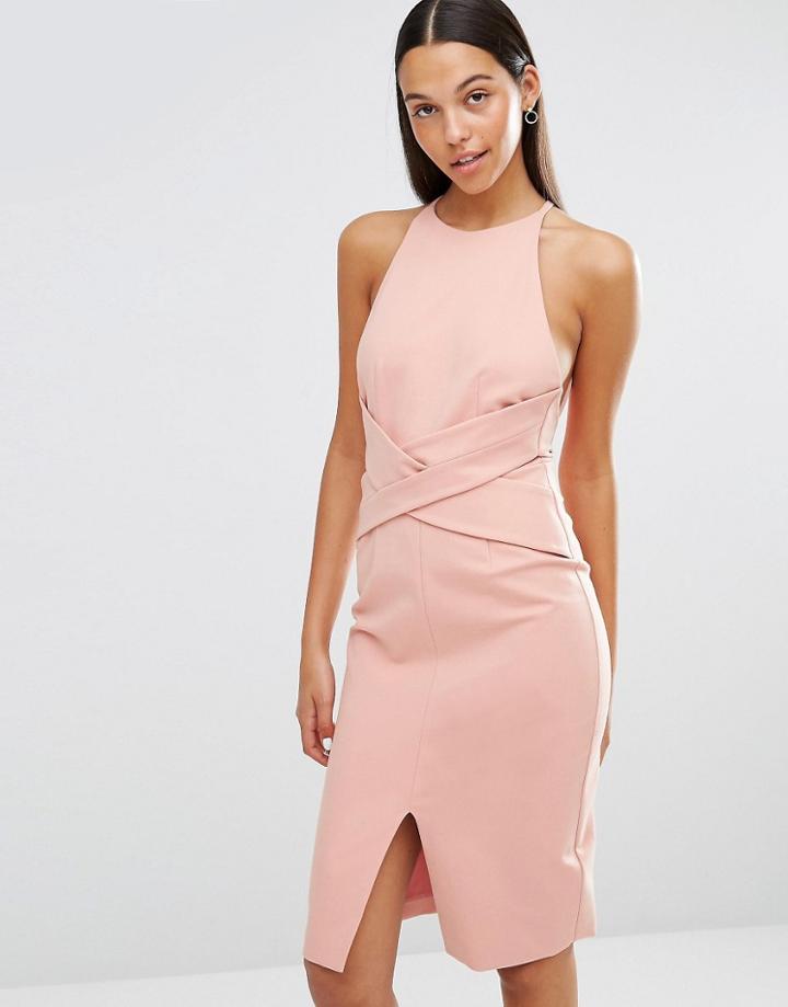 Lavish Alice Wrap Front Plunge Back Detail Midi Dress - Pink