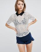 Fashion Union Lace Top With Contrast Collar - White