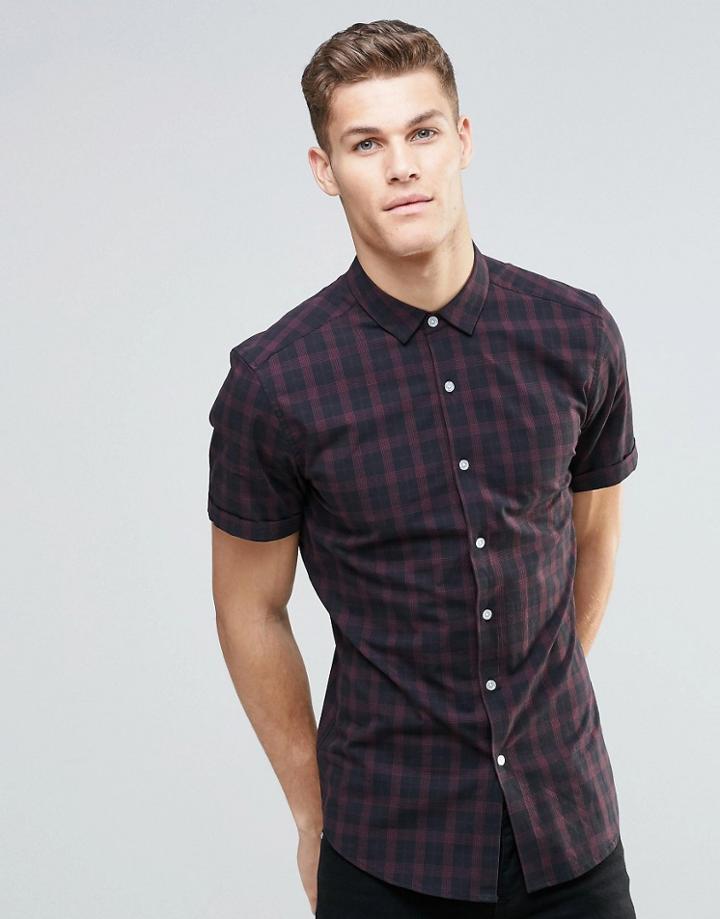 Asos Skinny Shirt In Burgundy Grid Check With Short Sleeves - Burgundy