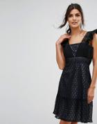 Elise Ryan Lace Skater Dress With Frill Sleeve - Black