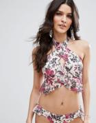 Asos Wallpaper Print Cross Neck Frill Bikini Top - Multi