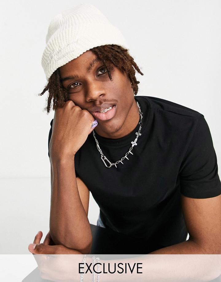 Reclaimed Vintage Inspired Recycled Logo Beanie In Ecru-white