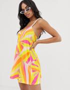 Asos Design Jersey Beach Sundress With Rope Tie In Faded Fluro Stripe Print With Natural Flash - Multi