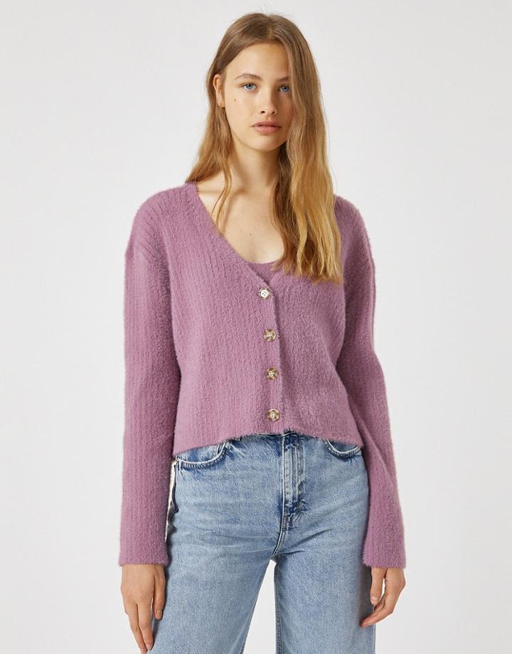 Pull & Bear Soft Touch Cropped Cardigan In Pink