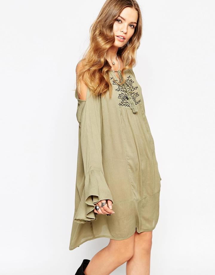 Vila Off Shoulder Embroidered Dress - Khaki