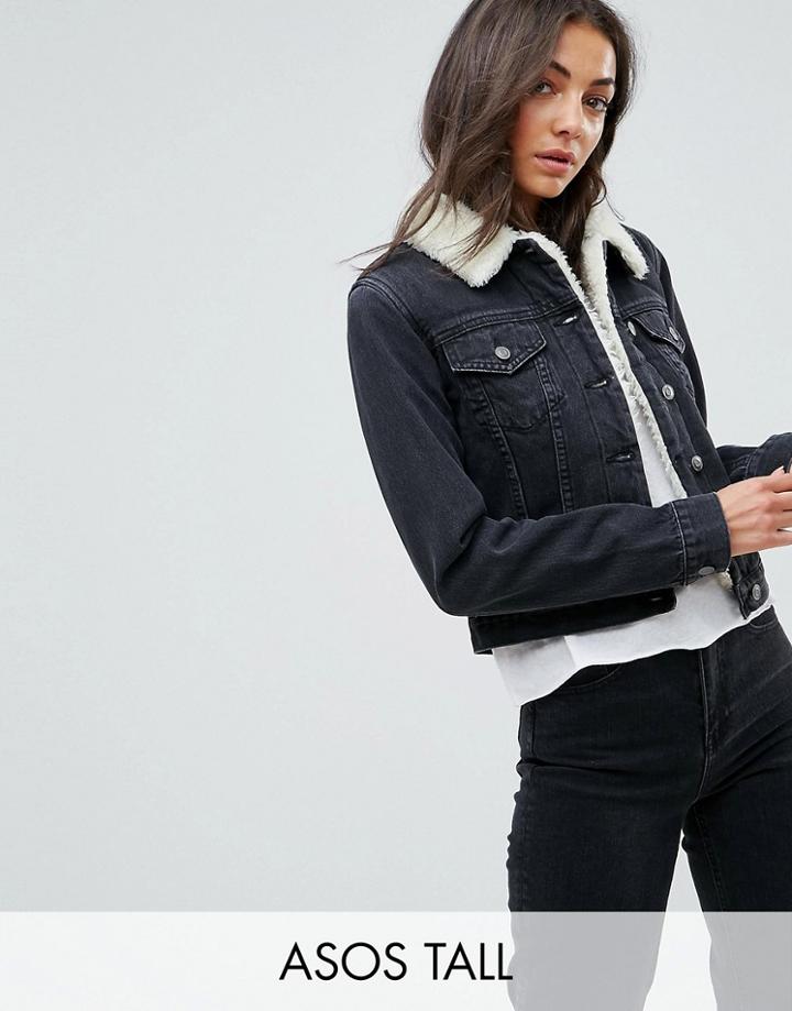 Asos Tall Denim Shrunken Borg Jacket In Washed Black - Black