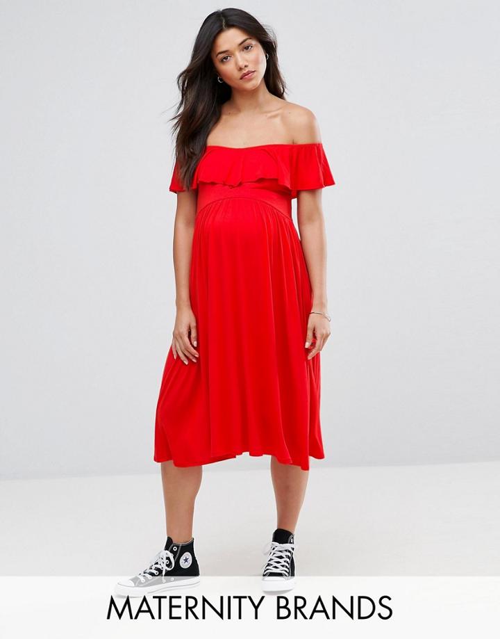 Bluebelle Maternity Striped Printed Bardot Dress - Red