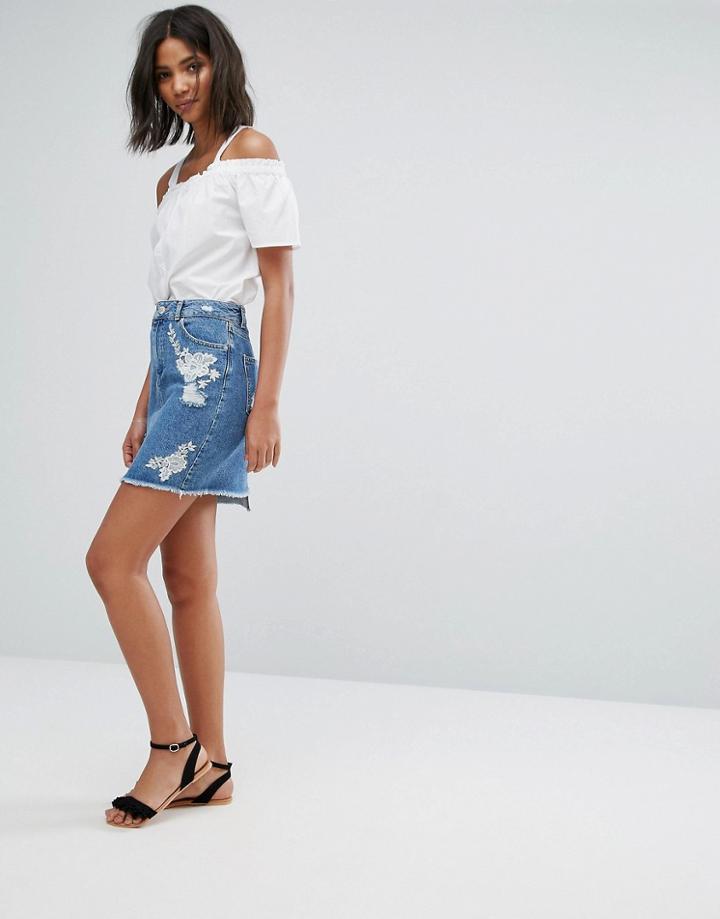 Miss Selfridge Embroidered Denim Skirt - Blue