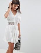Asos Design Casual Tea Mini Dress With Lace Insert-white