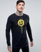 Pretty Green Long Sleeve Top Smiley Spray Print In Black - Black