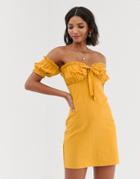 Asos Design Off Shoulder Mini Sundress With Tie-yellow